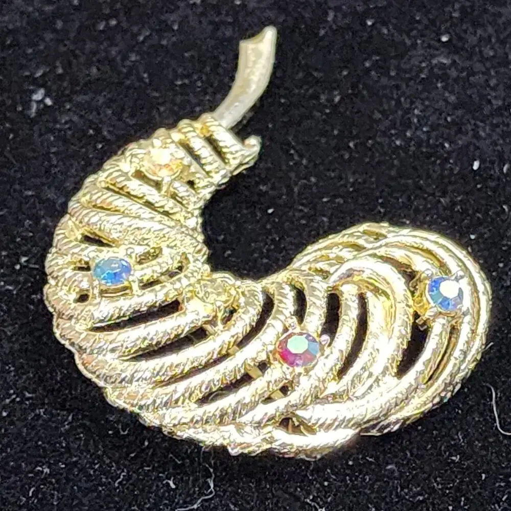 Feather Plume Aurora  Borealis Rhinestone Brooch Gold Tone C Hook Latch Vintage